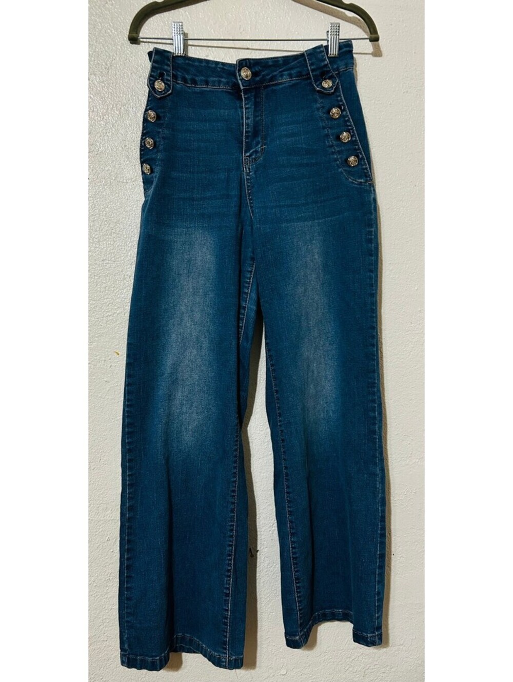 Revelation Denim Sailor Wide Leg Jeans Gold Crest Button High Rise Women Size 8